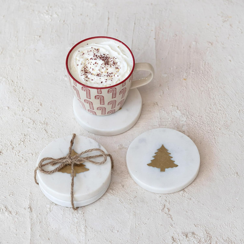 Round Marble Coasters with Brass Tree Inlay, White - Set of 4