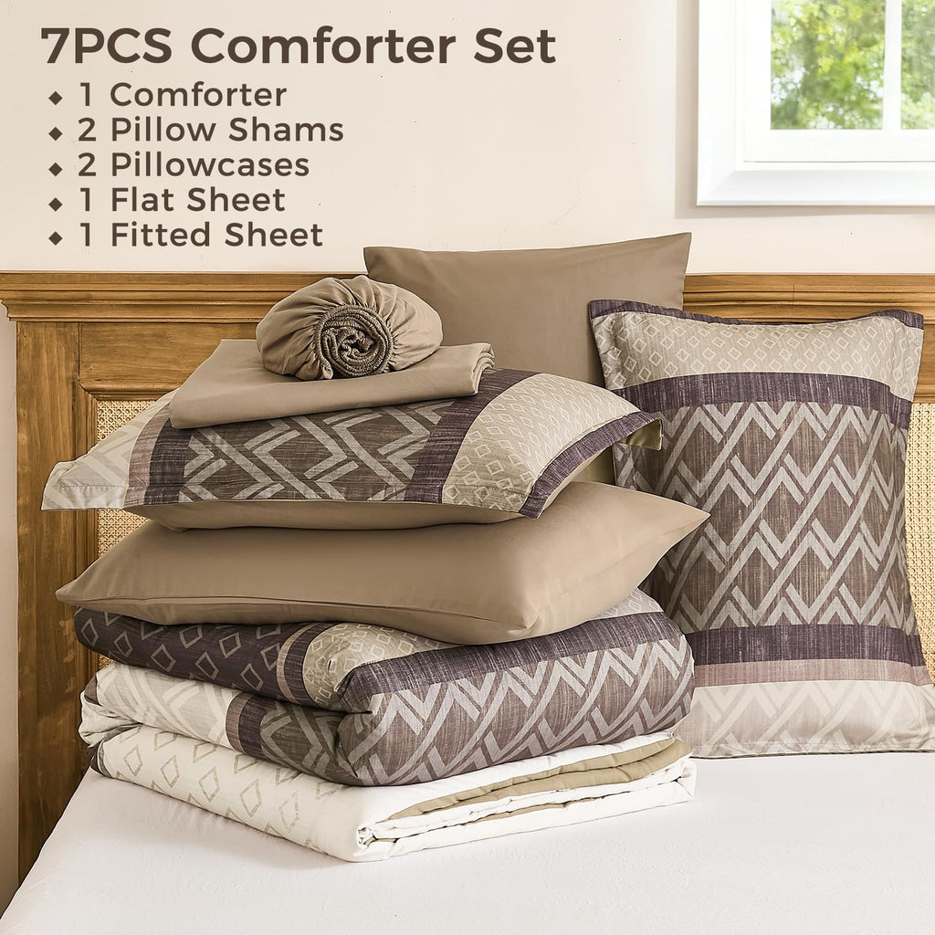 7-Piece Grey Brown Striped Comforter Set, Farmhouse Boho Bedding
