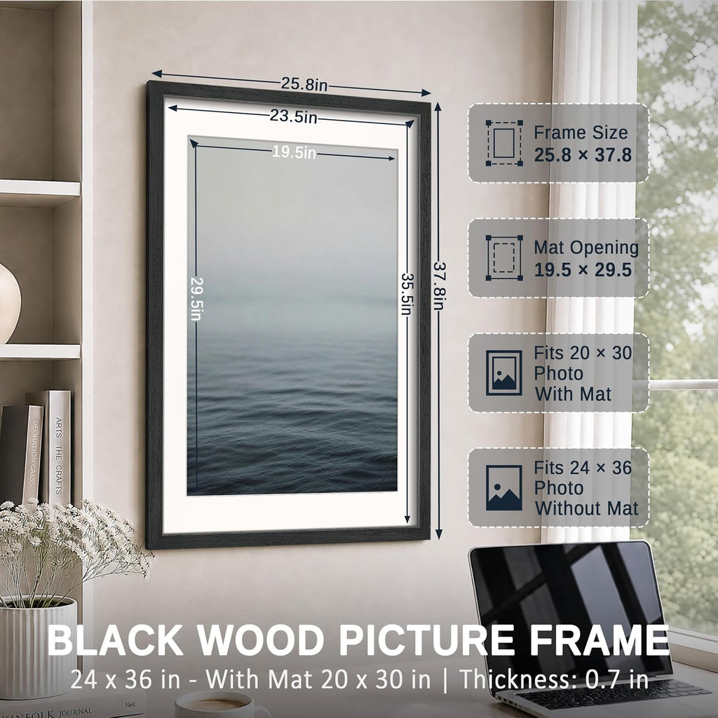 24x36 Frame 3 Pack, Black Solid Wood, 20x30 Mat, for Picture | Wide Border, Acid-Free Mat, 24x36 Poster Frame, Wall