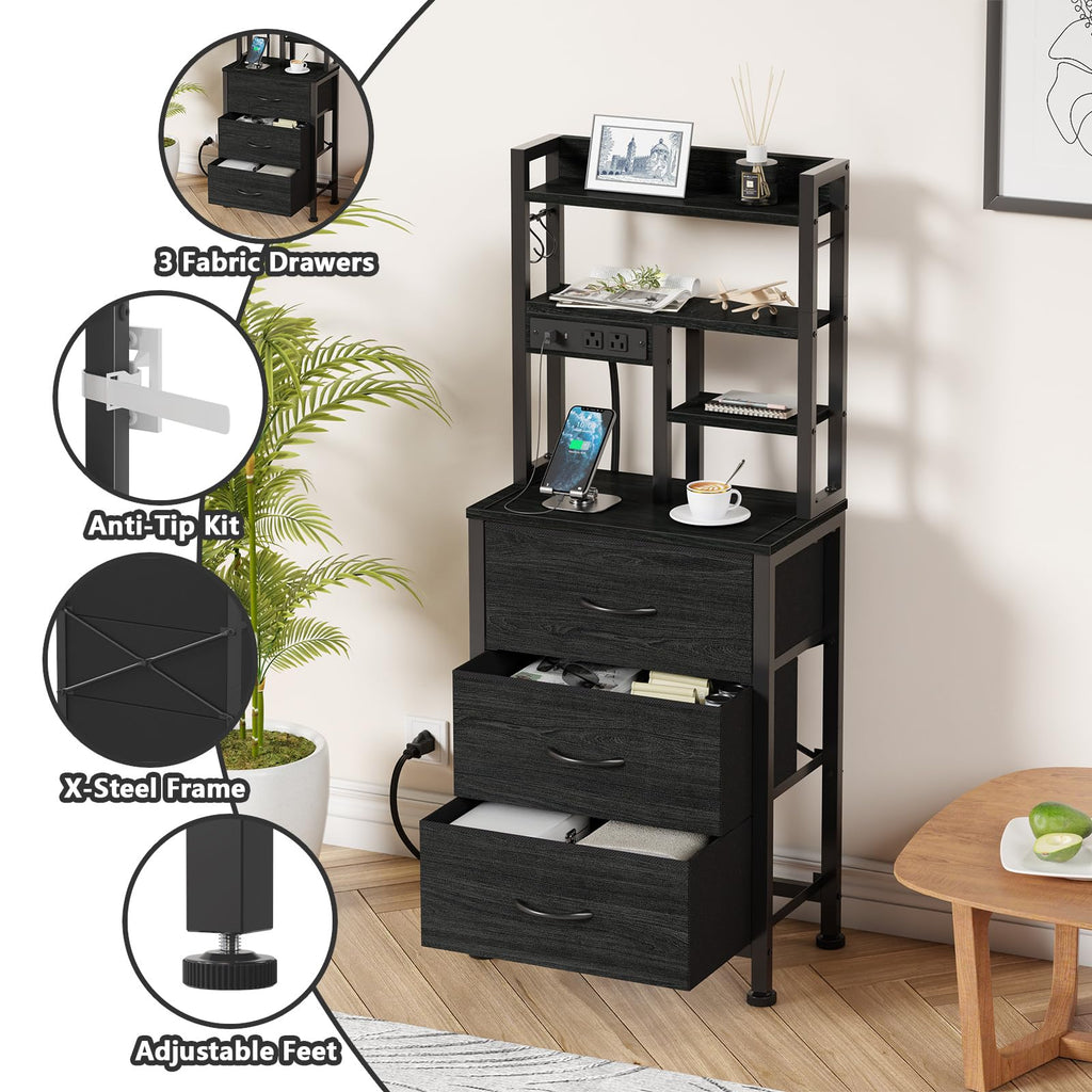 Black Nightstand with Bookshelf, Tall Bedside Table & Night Stand