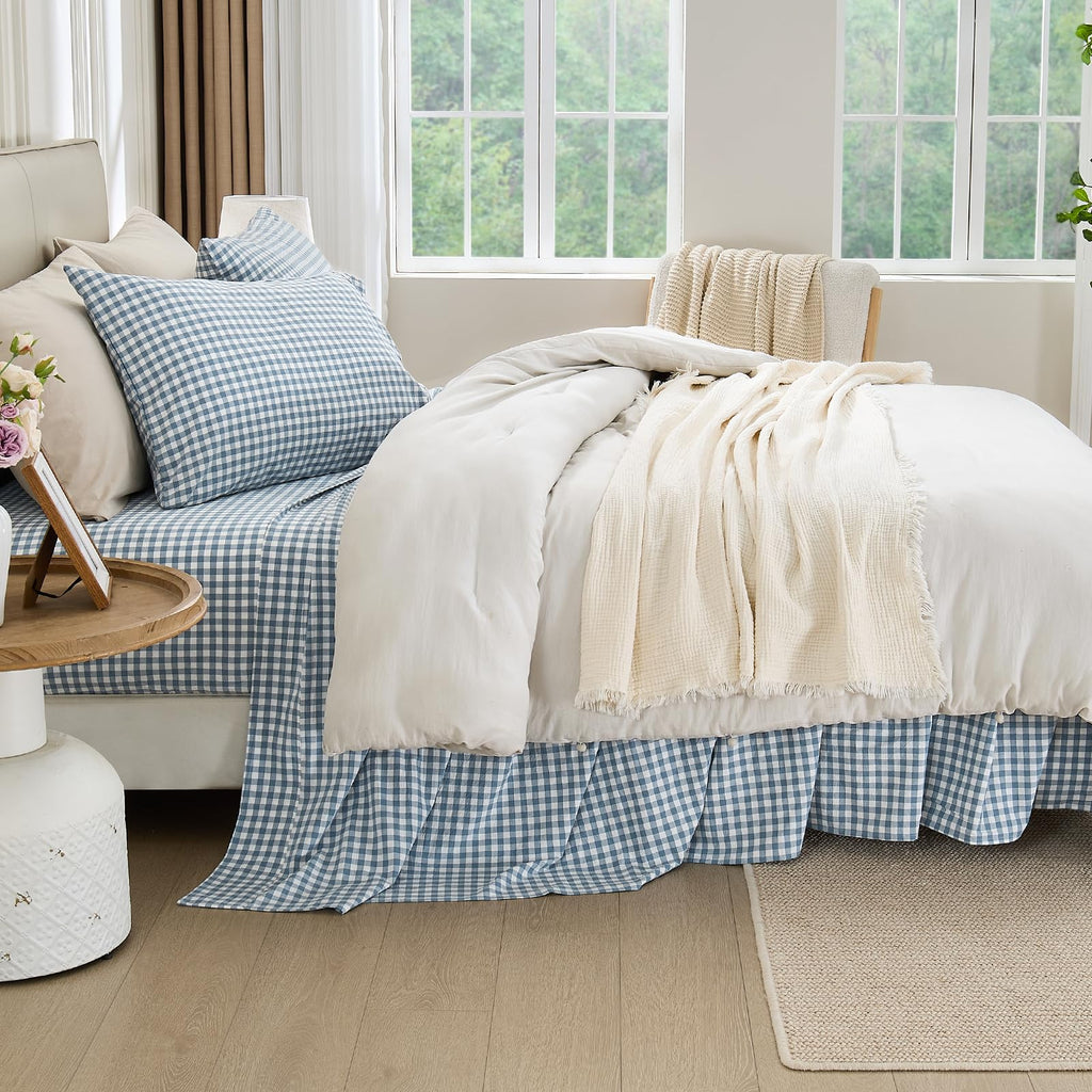 Blue Gingham Sheets Set 100% Washed Cotton Linen Like