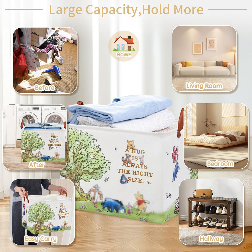 Bear Nursery Decor Storage Basket Foldable With Waterproof PE Coating, Square Large Canvas Laundry Hamper, Diaper Bag