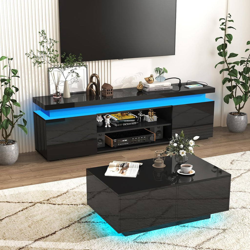 LED TV Stand for 75 Inch TV, Modern TV Stand with Power Outlet, High Gloss TV Console Entertainment Center with
