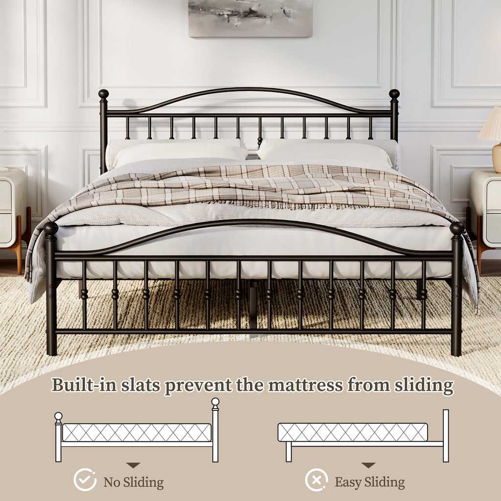 Metal Platform Bed Frame with Vintage Circular Headboard and Footboard, Heavy-Duty Iron Frame, No Box