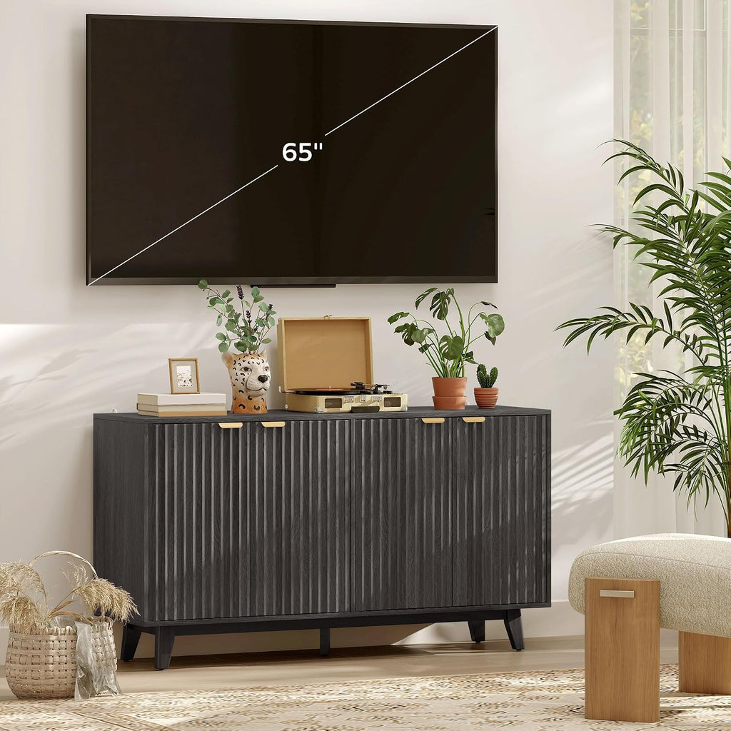 Fluted Sideboard Buffet Cabinet, 55" Modern Accent Console Cabinet with 4 Doors, 2 Adjustable Shelves and 5 Wood Legs