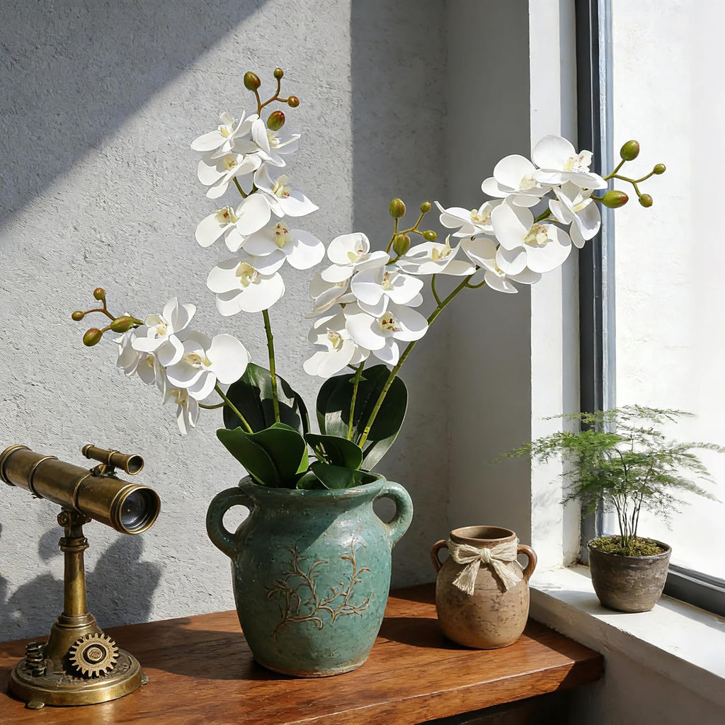 2 Branches Artificial White Phaleanopsis Flowers Faux Orchids Stems Leaves Plants Bonsai Garden Decoration (White)
