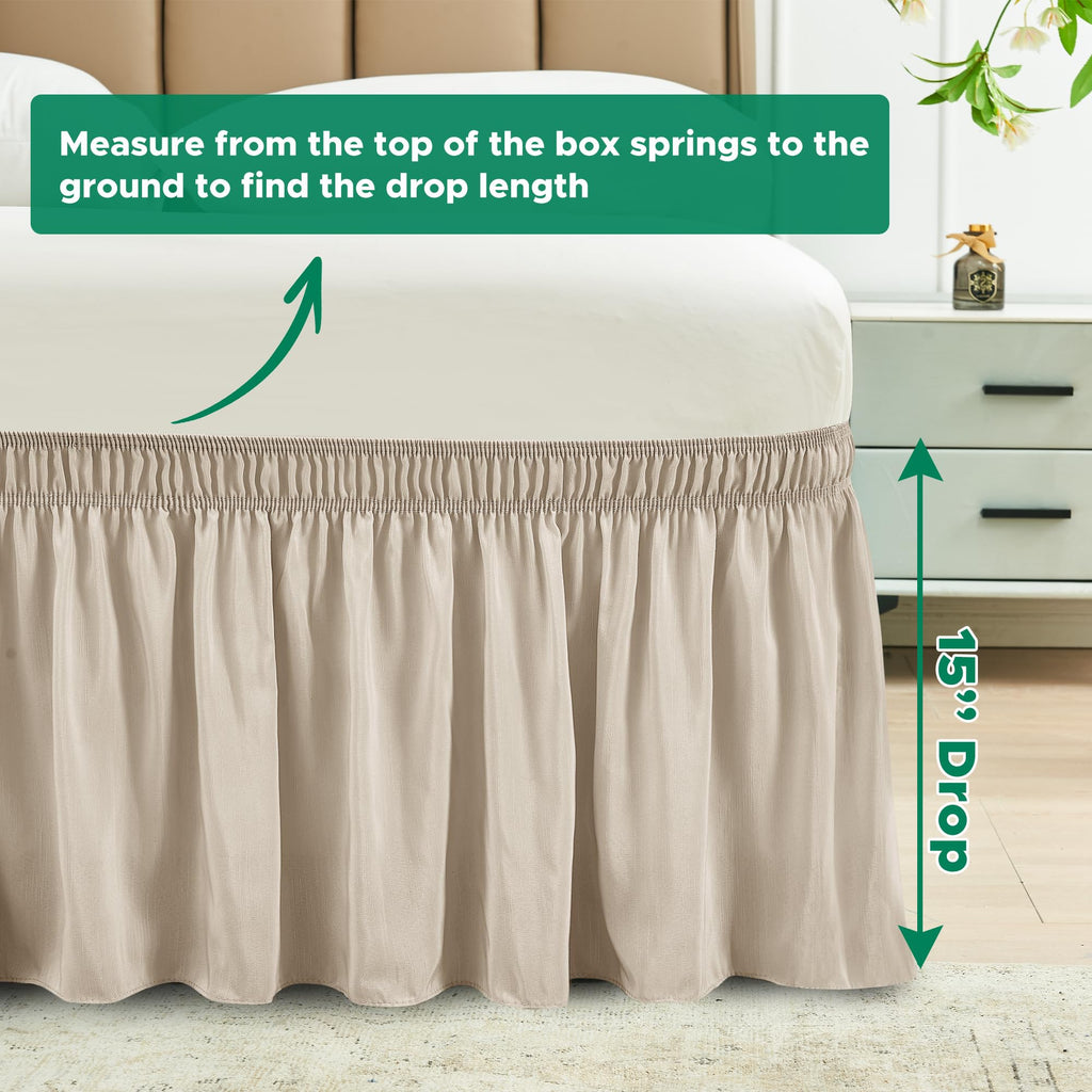 Wrap Around Bed Skirt 15" Drop-Elastic Dust Ruffle Light Camel