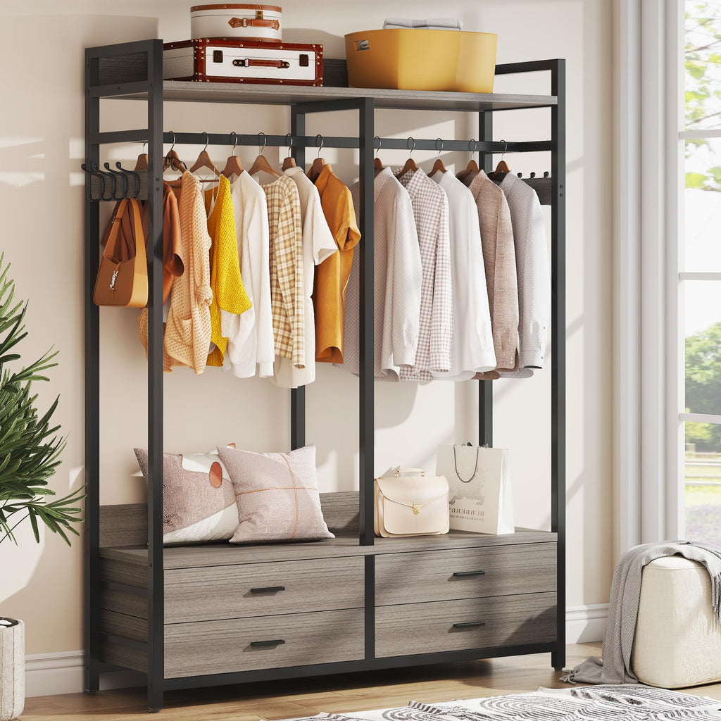 Freestanding Closet Organizer, Garment Rack with 4 Drawers, Gray