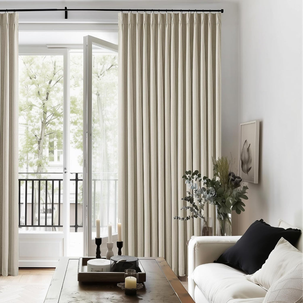 Neutral Pinch Pleat Linen Blackout Curtains 108 Inches Long 2 Panel Set for Living Room Back Tab Pleated Drapes Room