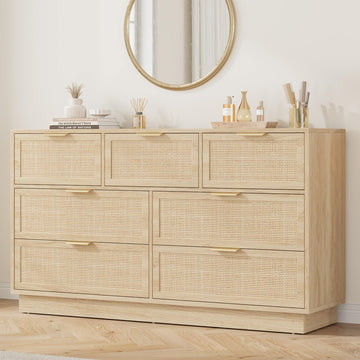 7 Drawer Rattan Dresser, 55" Wide Boho Chest of Drawers with Integrated Cabinet Body & Legs Design, Wooden Dressers
