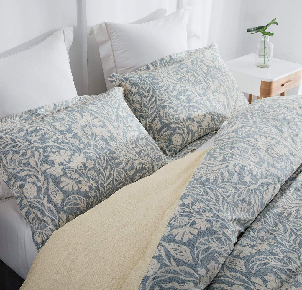 Duvet Cover King, 600 Thread Count Cotton Beige & Bluish Grey Printed with Luxurious Leaves Pattern Reversible