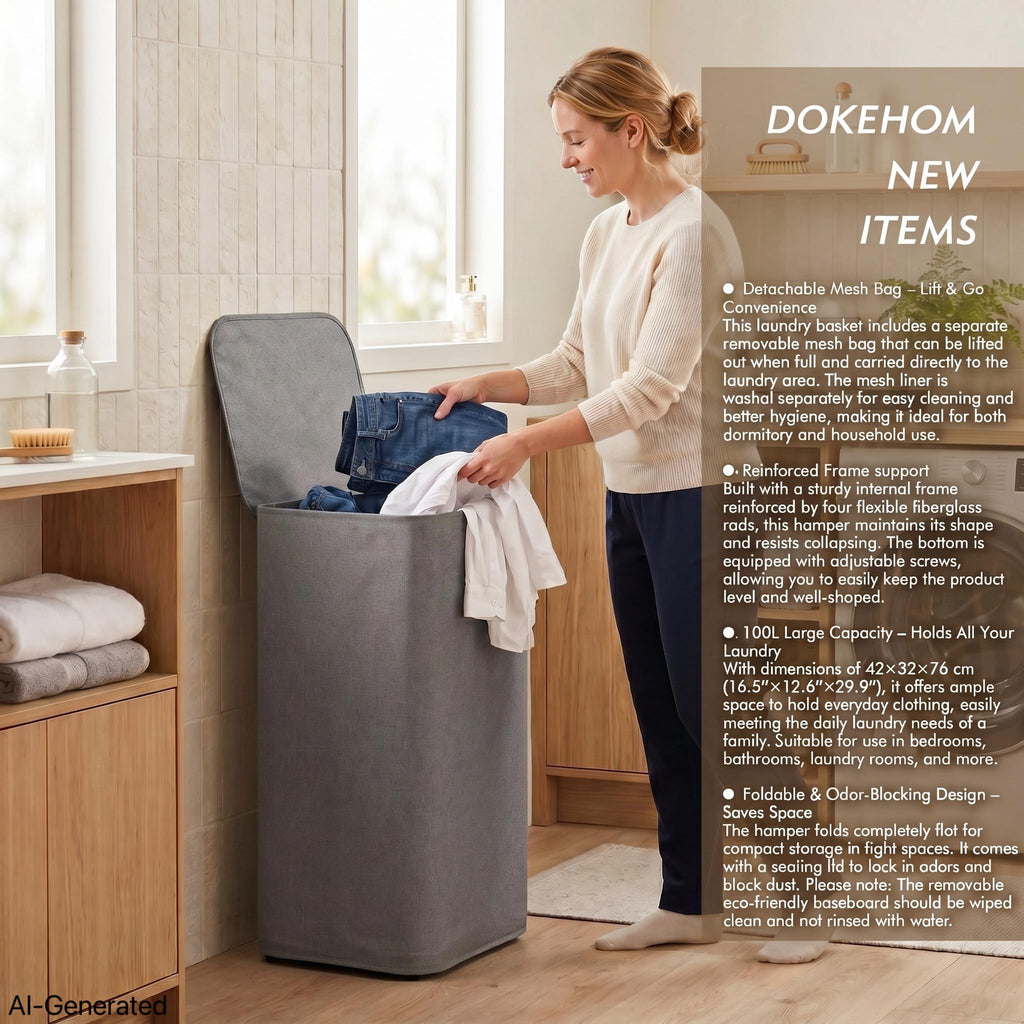 100L Laundry basket Hamper with Lid & Removable Mesh Bag, Grey