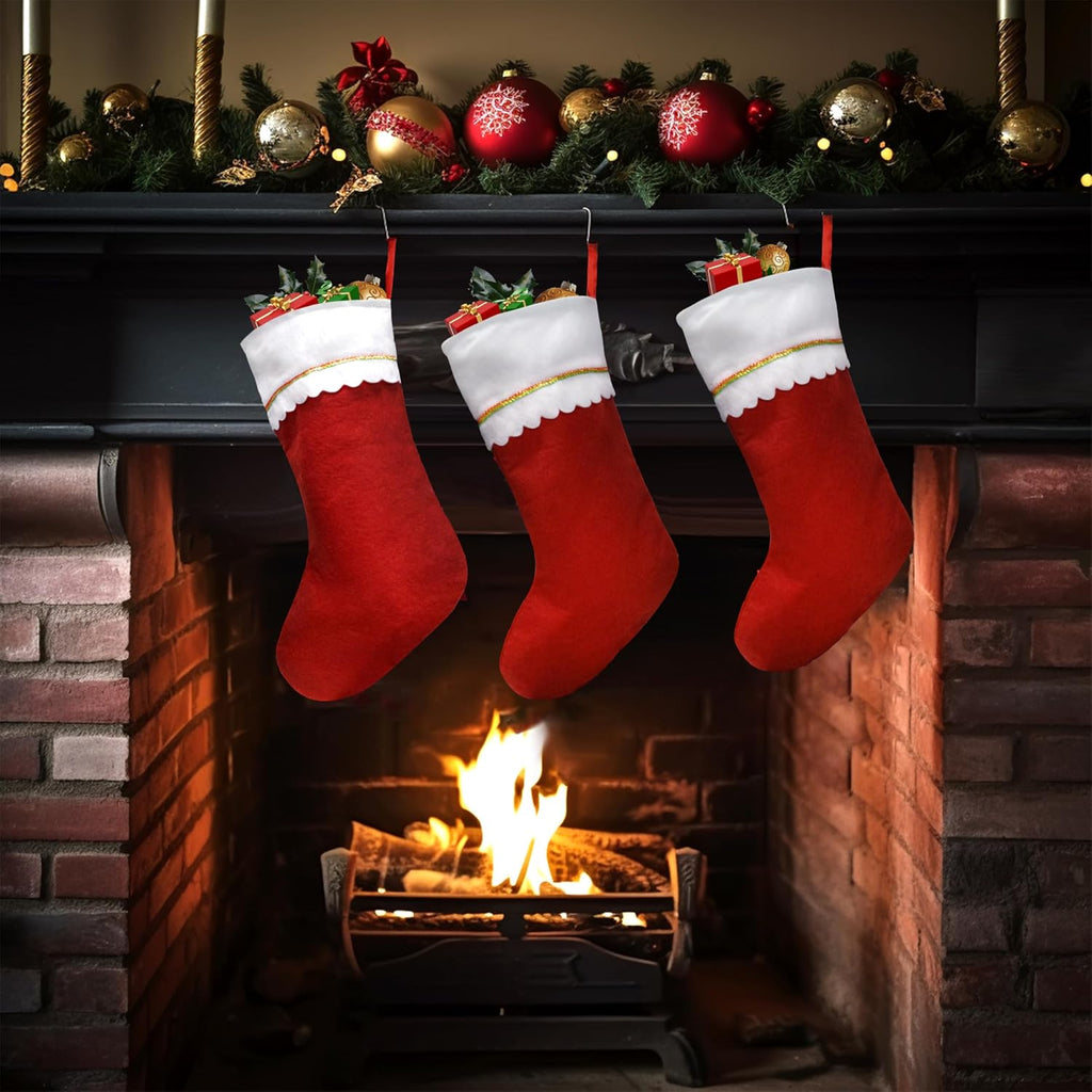 Christmas Stockings, 19" Red and White Christmas Stockings, Traditional Bulk Christmas Stockings with Gold Trim - Set of 12