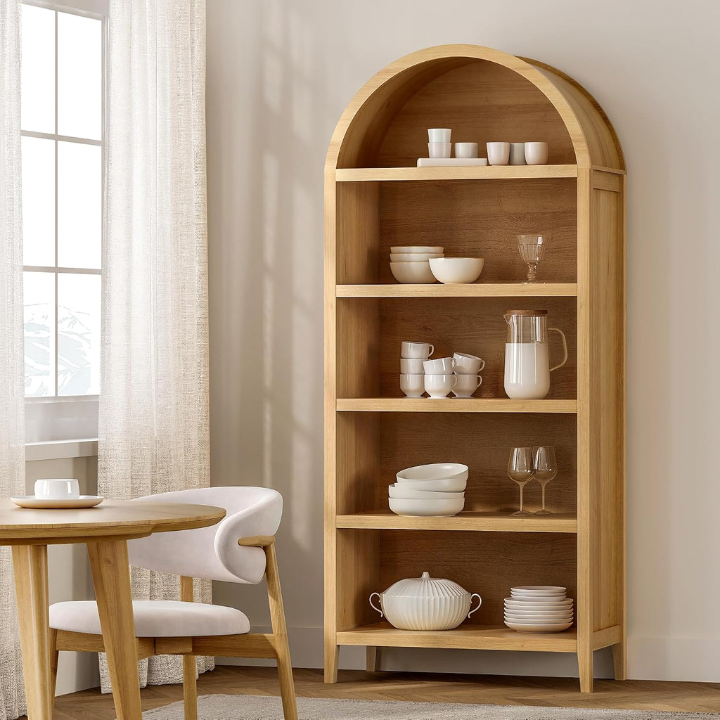 5 Tier Arched Bookshelf, 71" Tall Bookcase with Adjustable Shelves Wood Storage Cabinet Freestanding Display Kitchen