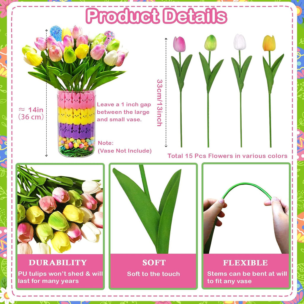 Easter Decorations,Easter Peeps Decor,15 Artificial Tulips with 45 Bunnies Vase Filler Set,Perfect Spring Decor,Table