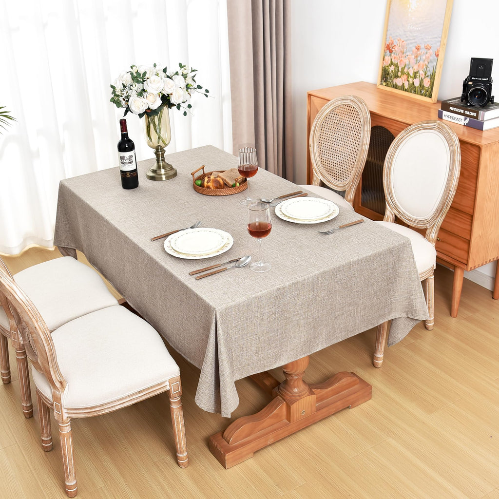Nature Faux Linen Tablecloths Rectangle 60 x 84 Inch - 2 Pack Neutral Table Clothes for 4-6 Foot Tables