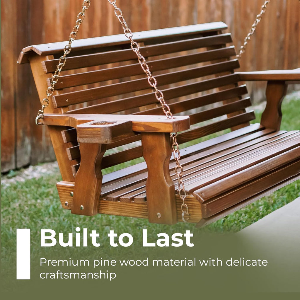 Casual Heavy Duty 700 Lb Capacity Porch Swing with Cup Holders (4 Foot, Cedar Stain) - Wooden Outdoor Roll Back Swing