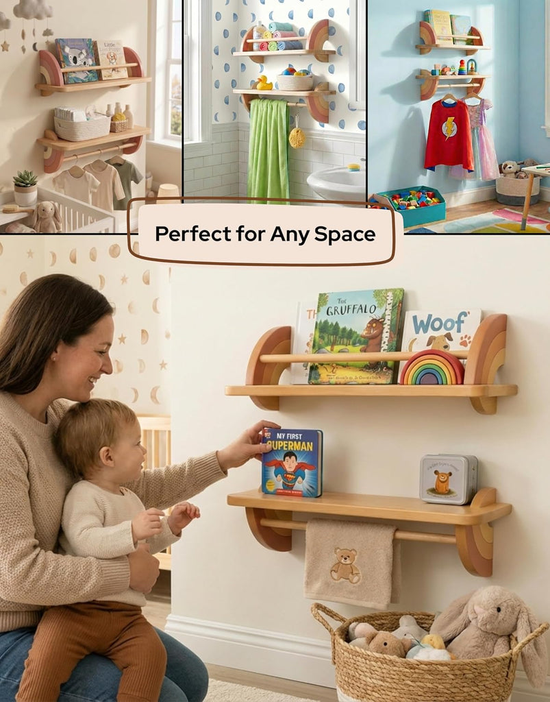 Nursery Floating Wall Shelves Set of 2, Beechwood Hanging Bar