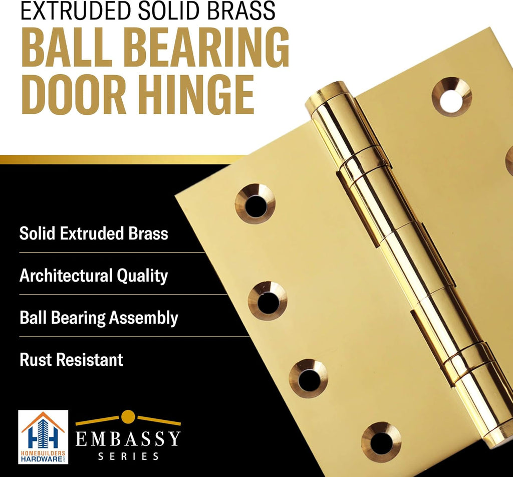 Door Hinge Solid Brass - 3.5 x 3.5 Inch, Heavy Duty, Polished Brass, Ball Bearings