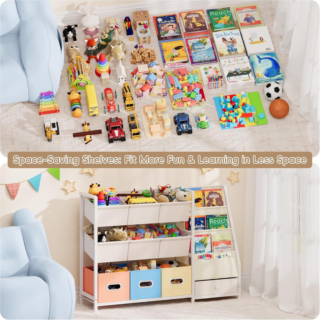 Toy Storage Organizer - Kids Bookshelf with 3 Shelf and 10 Storage Bins | Montessori Playroom Storage for Toddler