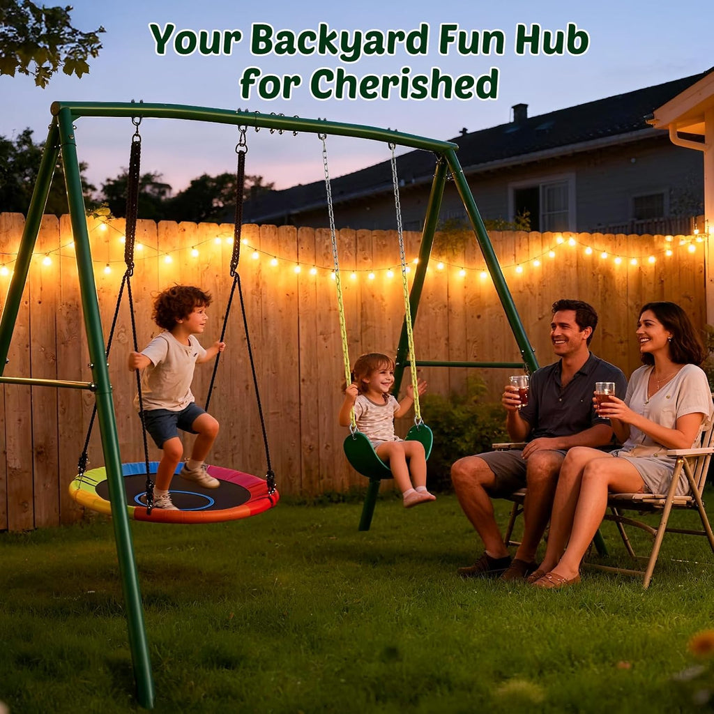 440lbs Swing Sets for Backyard, 2 Seat Saucer & Belt Swing - Green | Dual Swing Options, Heavy Duty A-Frame Metal