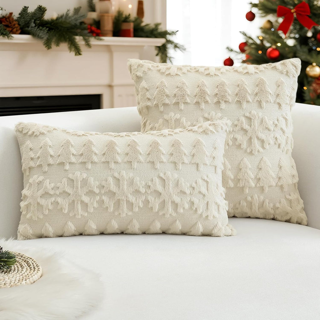 Christmas Tree Snowflakes Pillow Covers 18x18-Beige - Set of 2