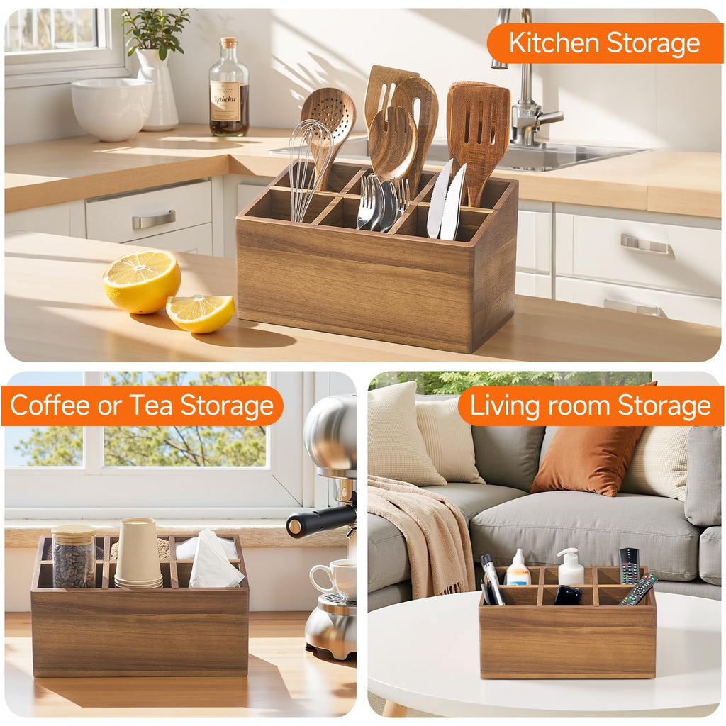 Kitchen Utensil Holder for Countertop, Wooden, Inclined Open Design