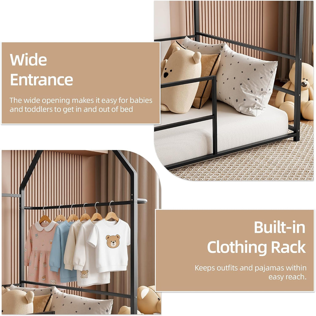 Montessori Bed Metal with Guardrails & Built-in Clothing Rack, No Box Spring Required, Black