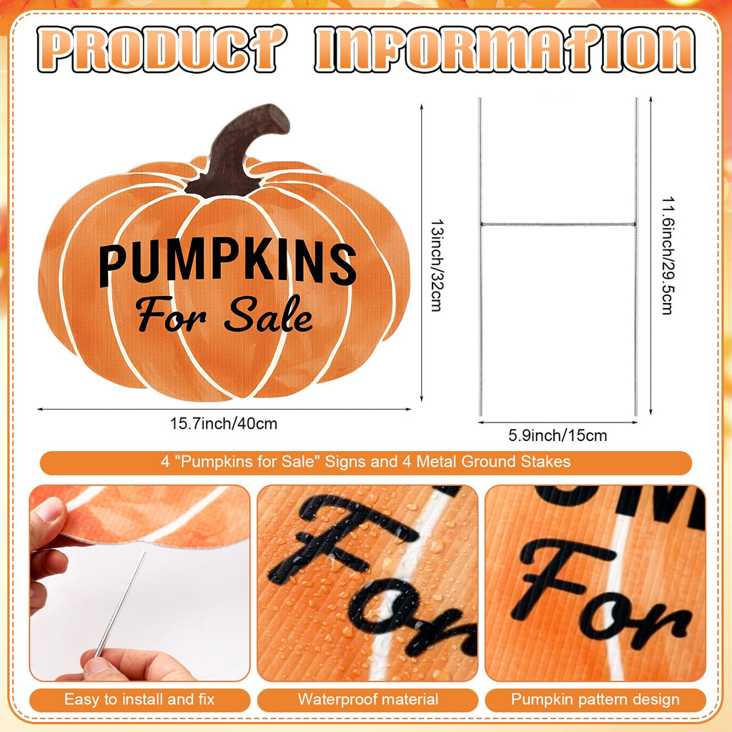 4 Pcs Fall Pumpkin Plastic Yard Sign, 15.7 x 13 in Garden Stakes