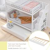 Twin Over Twin Bunk Bed with Trundle, Storage Staircase and Full Length Guardrail, Solid Wood Stairway Bunk Bed