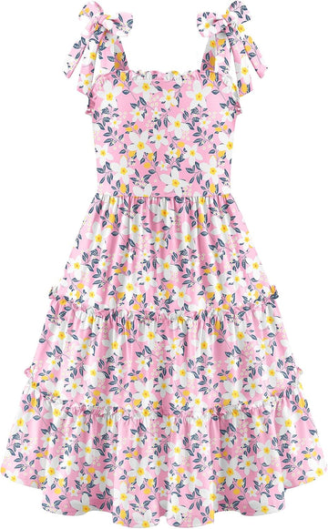 Girls Summer Dress Tween Boho Casual Bowknot Strap Sundresses