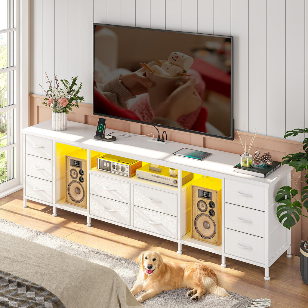 75.5" Long TV Stand for 85/80/75" TVs with LED, Power Outlets & 10 Drawers