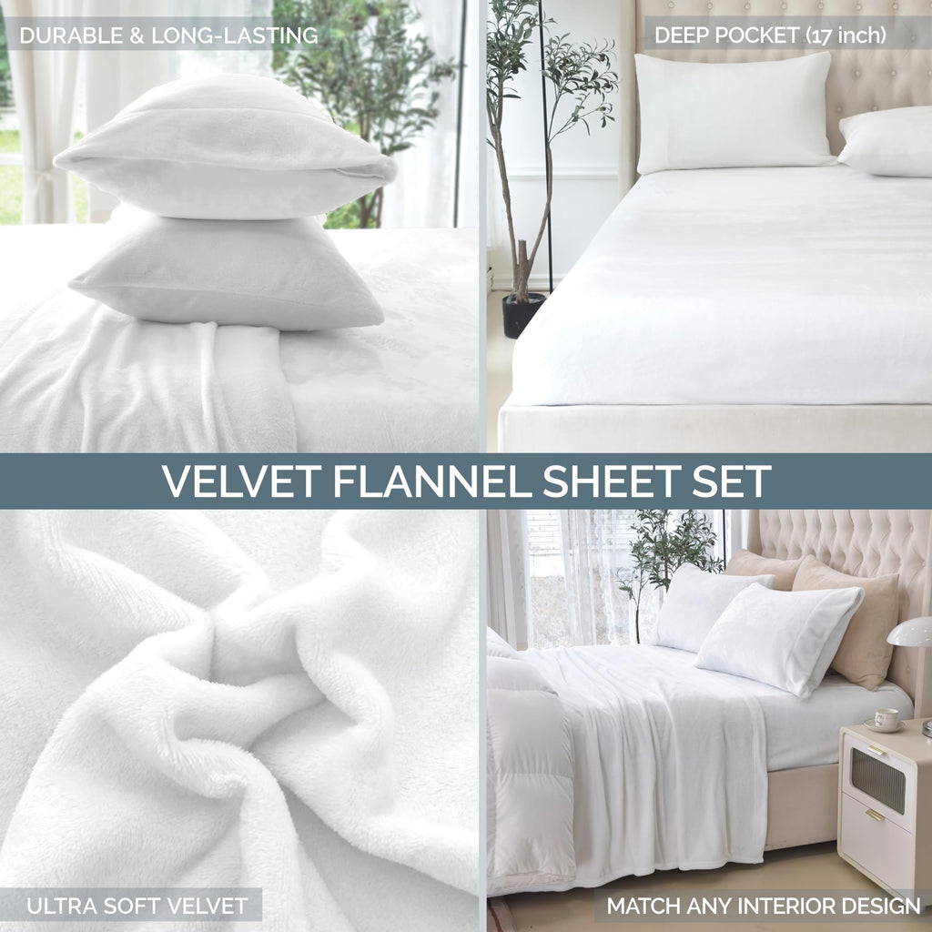 Luxuriously Soft 4-Piece Velvet Plush Flannel Sheet Set - Premium Quality - Cozy Warm, Anti-Static, Non Pilling Fuzzy
