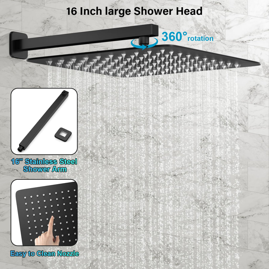 Shower Faucet Set with 16 Inch Matte Black Rain Shower Head