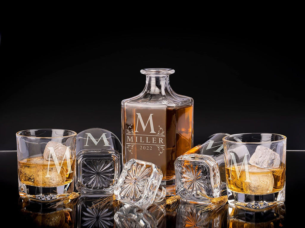Personalized Whiskey Decanter Set - 9 Design Options - Limited Edition, Custom Liquor Decanter | 25 Oz, 750ml - Set of 4