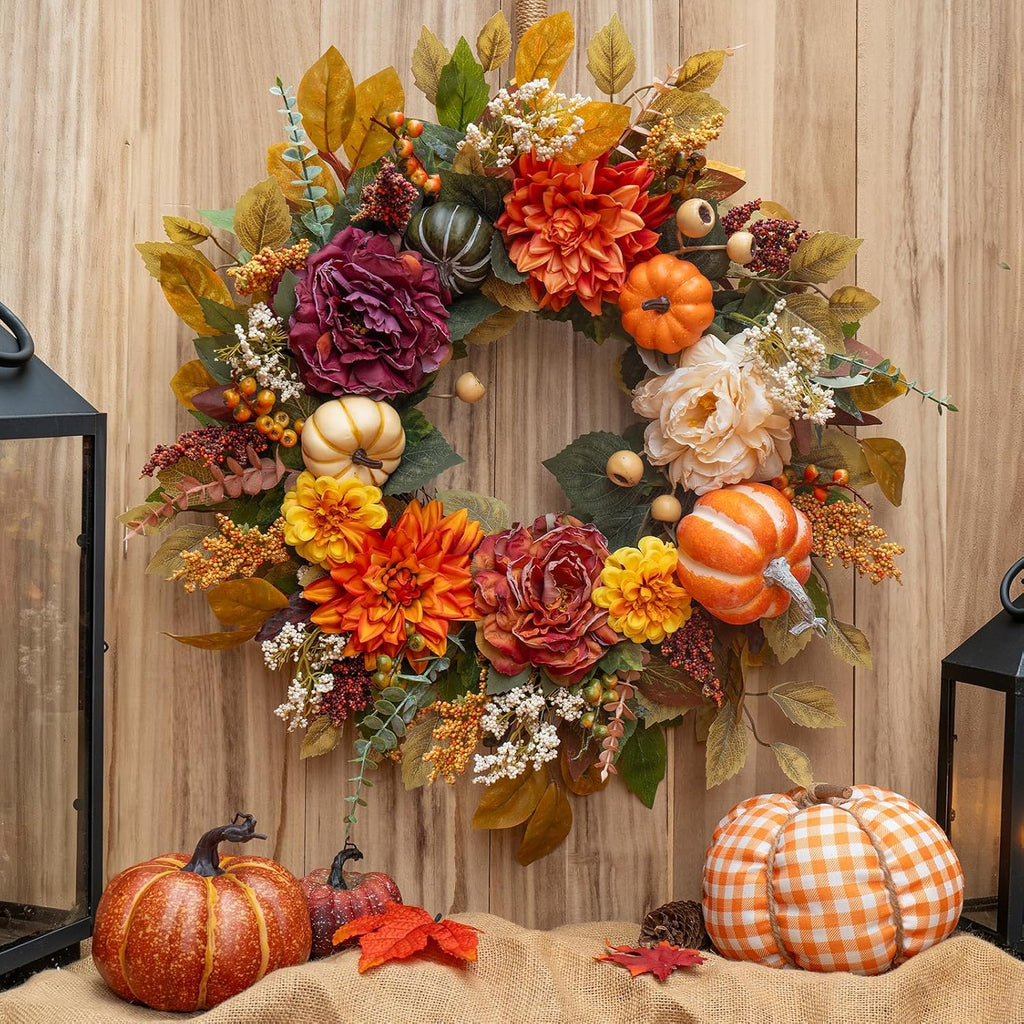 Fall Wreaths for Front Door Outside 24 Inch,Rustic Harvest Autumn Wreath