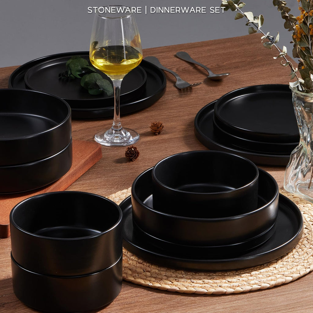 Stoneware Dinnerware Set with Pasta Bowl, 24Pcs Black Dish Set for 6