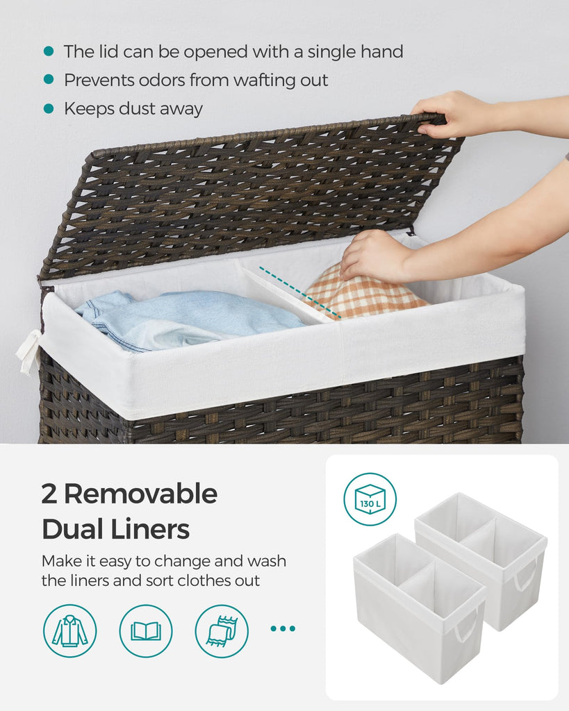 Laundry Hamper with Lid, 130L Double Wicker Basket, 6 Mesh Bags