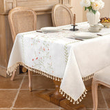 Rectangle Tablecloth 55" x 75", Pink Floral Embroidered Table Cloth with Tassels, Farmhouse Rustic L