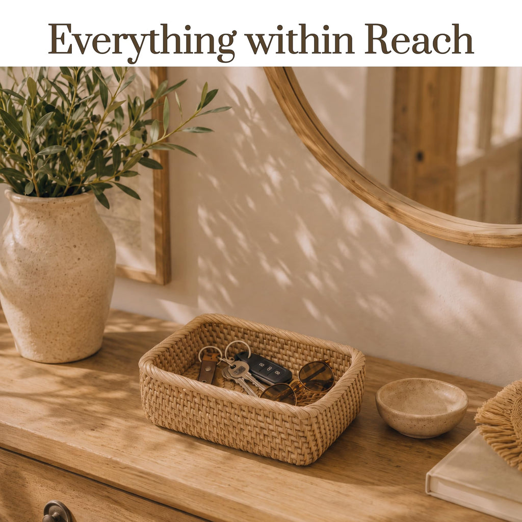 Natural Rattan Storage Baskets, Rectangular Woven Fruit Baskets, Decorative Wicker Basket and Small Baskets for