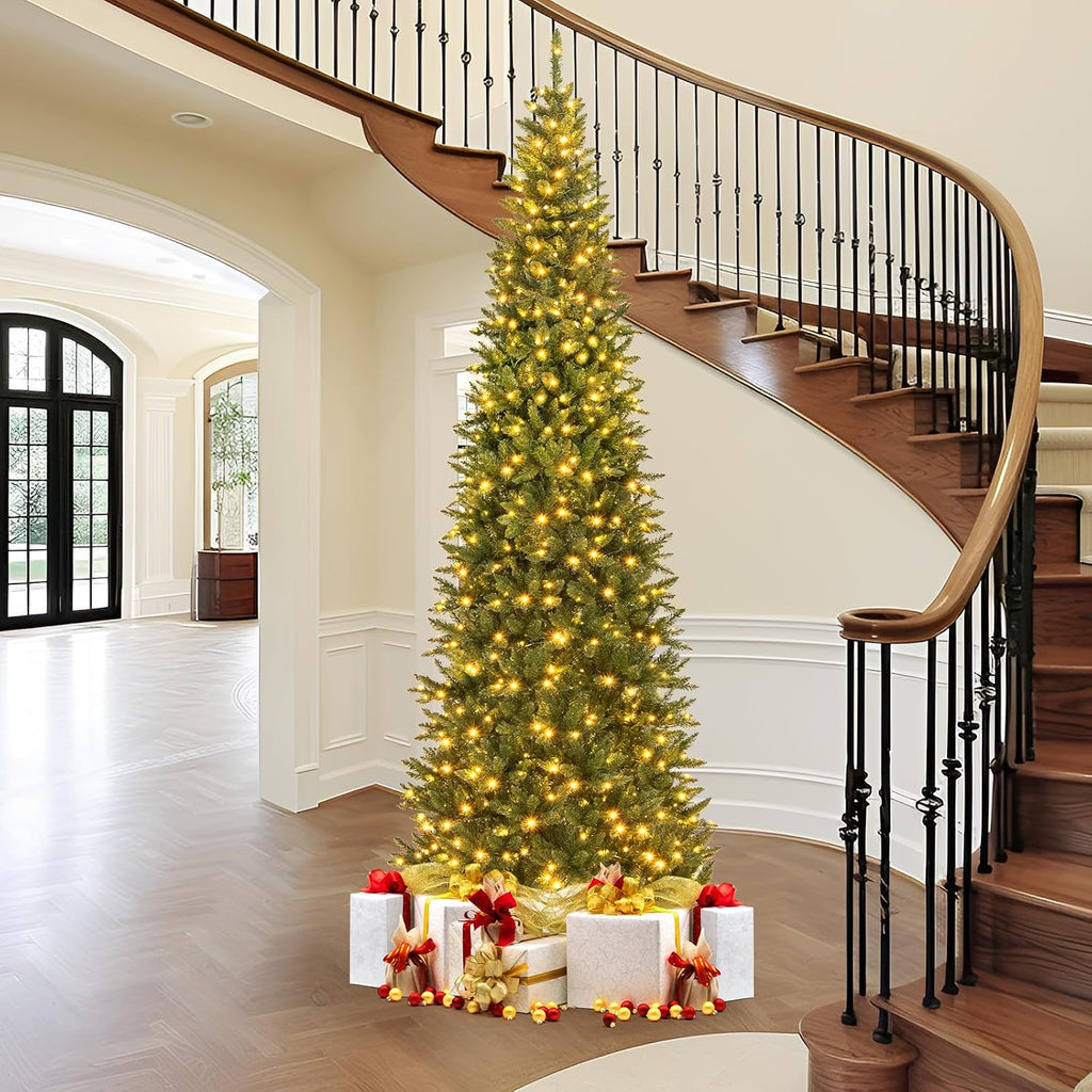 12 FT Pre-lit Artificial Christmas Tree, Hinged Christmas Tree w/Quick Power Connector, 2125 Branch Tips & 800 Warm