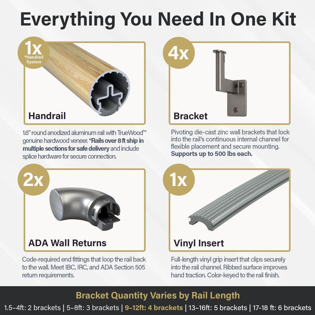 ADA Handrail Kit, 12 ft Wood Stair Handrail, Indoor, Oak