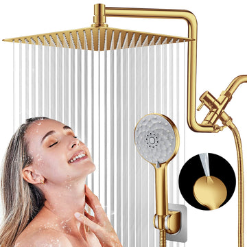 12'' Dual Shower Head with Adjustable Extension Arm and 6-Setting Handheld Shower Head Combo, Brushed Gold