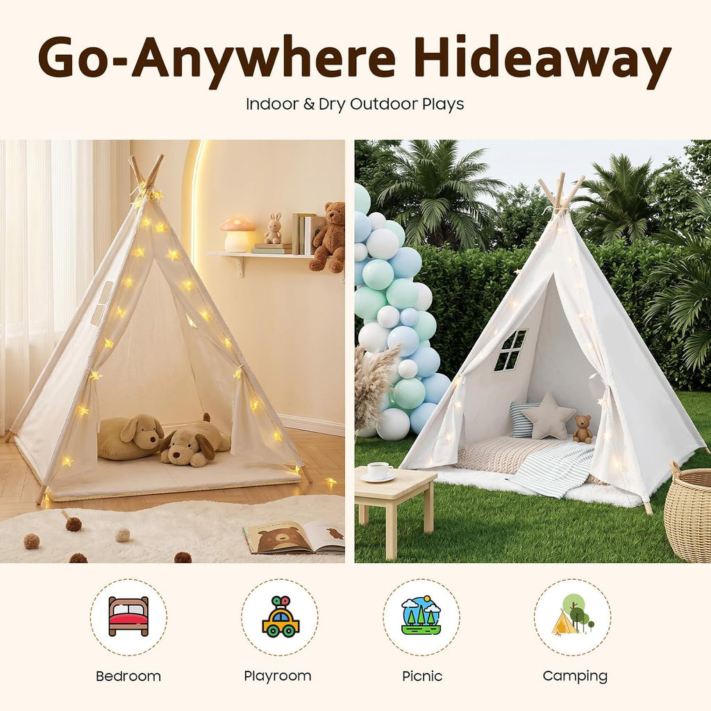 Kids Teepee Play Tent Cotton Linen with Lights for Indoor Outdoor