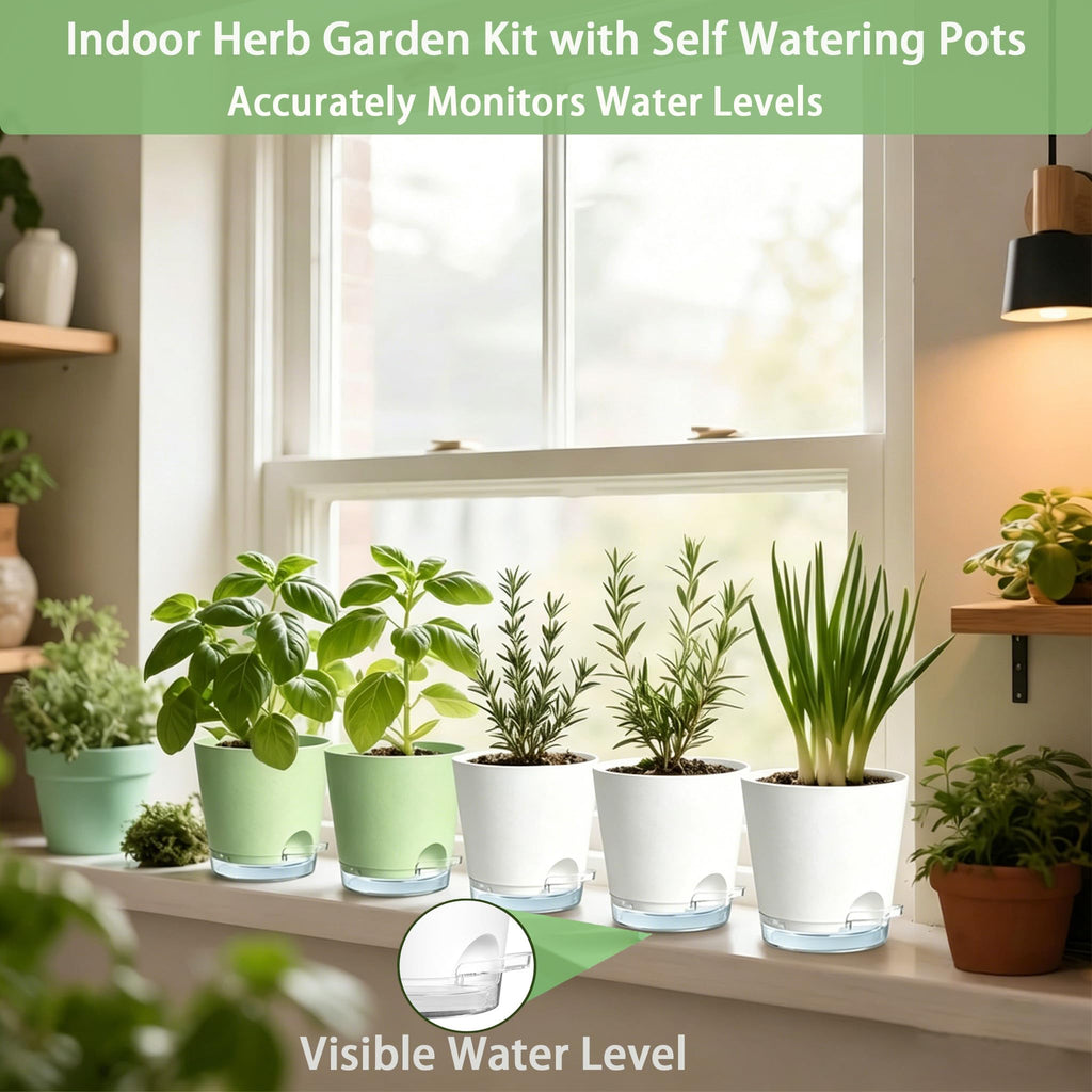 10 Indoor Herb Garden Kit, 54pcs Complete Kitchen Herb Starter Set Including 2-Color Self Watering Pots, Soil &