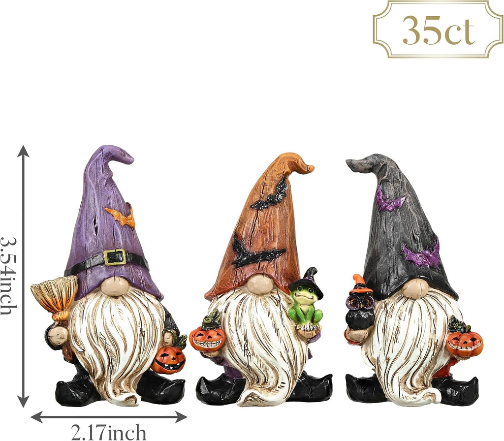 Gnomes Halloween Decorations Indoor, Resin Gnome Decor with Bat Witch Hat, Halloween Figurines Elf Dwarf - Set of 3