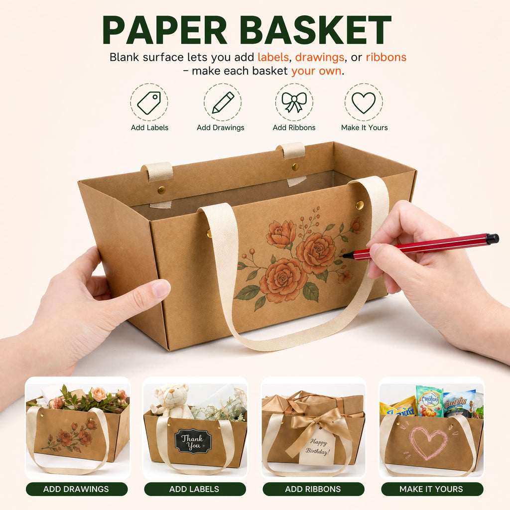 50 Pack Kraft Gift Basket with Handles, 9.8'' x 6.5'' x 4.3'' Empty Paper Basket for Party Gifts, Anniversary