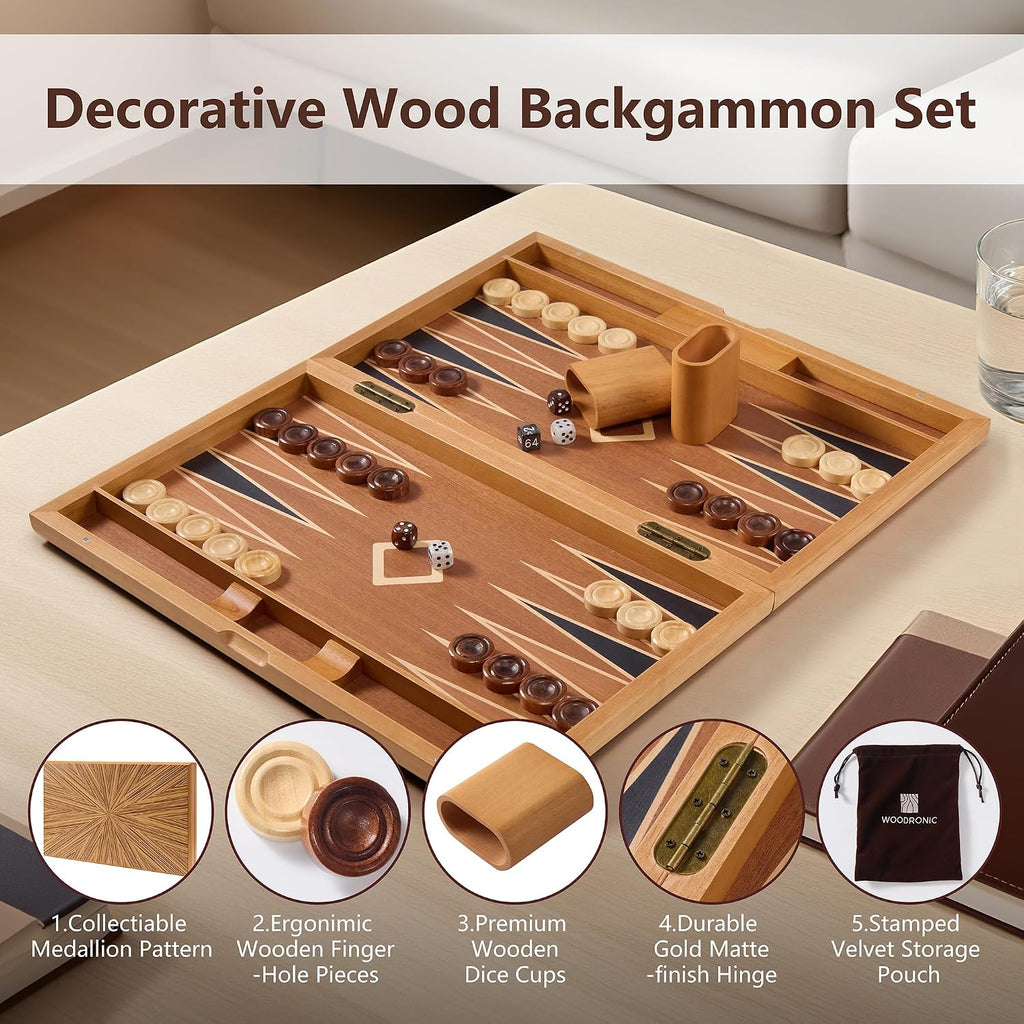 Wooden Backgammon Set for Adults - 19 Inch Classic Board Game Case - Premium Folding Backgammon Set with Wooden - Set of 200