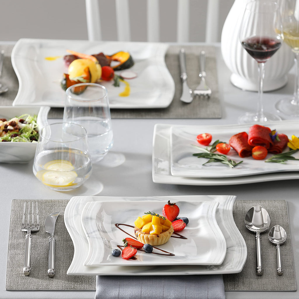 26-Piece Marble Grey Square Dinnerware Sets, Flora Porcelain Dinner Set for 6, Service for 6, Microwave & Dishwasher