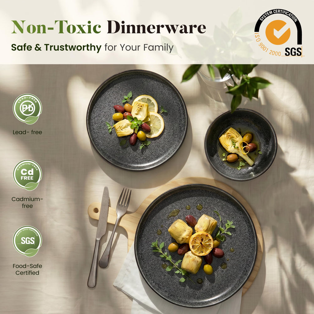 Stoneware Dinnerware Set for 4, Ribbed Plates and Bowls
